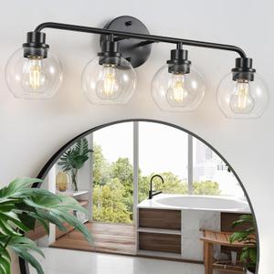 Bathroom Light Fixtures Black Vanity Light 4 Light Wall Sconces Lighting Bathroom Lights with Globe Clear Glass Shade Bath Wall Lights Wall Lamp for Mirror Kitchen Living Room Bedroom Hallway 27 Inch