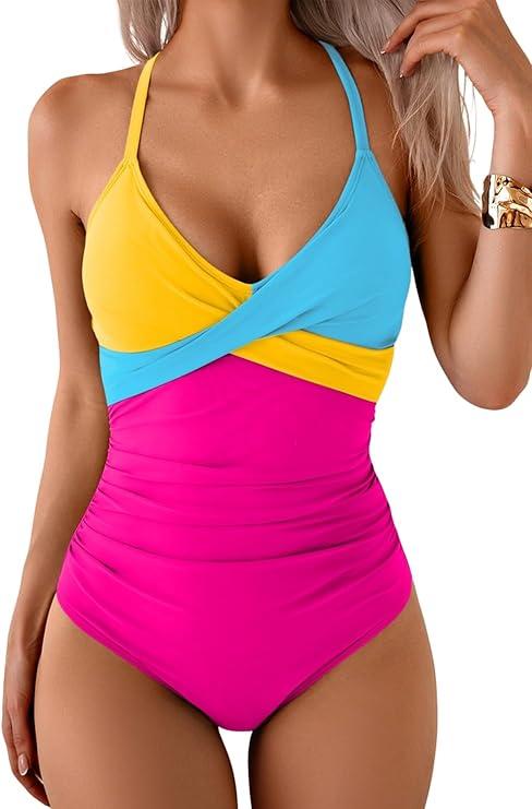 B2prity Women's One Piece Swimsuits Tummy Control Front Cross Bathing Suits Tie Back Slimming V Neck Swimwear, Size Large