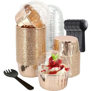 5oz Baking Cups with Lids 50 Pack,LNYZQUS Foil Cupcake Liners Muffin Tins,Disposable Ramekins Pans Muffin Cups Jumbo Cupcake Wrappers Holders for Wedding Party-Champagne