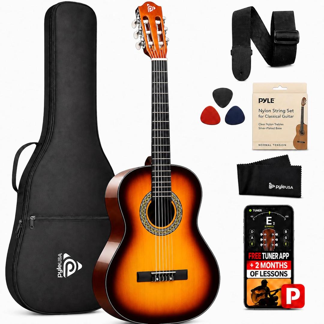 Pyle 36-Inch Beginner Classical Acoustic Guitar Kit, 3/4 Size Junior Nylon String Guitar for Kids and Adults, Includes Gig Bag, Strap, Spare Strings, Picks, Cleaning Cloth, 18 Frets, Sunburst
