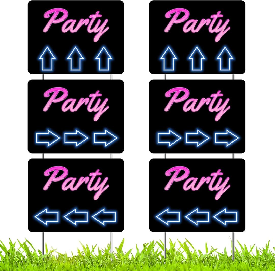 Wenqik 6 Pcs Double Sided Party Signs with 6 H Metal Stakes 12 x 16 Inches Retro Neon Party This Way Yard Sign Corrugated Plastic Waterproof Directional Arrow Sign for Birthday Outdoors Lawn Wedding