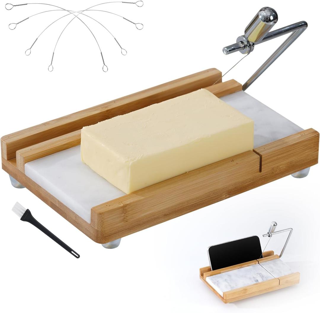 Cheese Slicer Cheese Cutter with 4 Replacement Cutting Wire,Heavy Duty 8.26"x 5.43",Marble Board Cheese Slicer for Block Cheeses, Butter, Sausage,Cakes and More(White Grey)