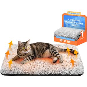Self Warming Cat Bed, Heated Cat Bed, 2.0 Upgraded Thermal Foil Heating Pad, Plush Self-Heating Pet Mat for Crate, Floor, with Removable Washable Cover, Non-Slip, 15"x19" (Gray)