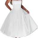 Women Summer Halter Dress Low Cut Sleeveless A Line Tulle Swing Flowy Tea Length Dress Corset Prom Formal Ball Gowns (White, X-Large)