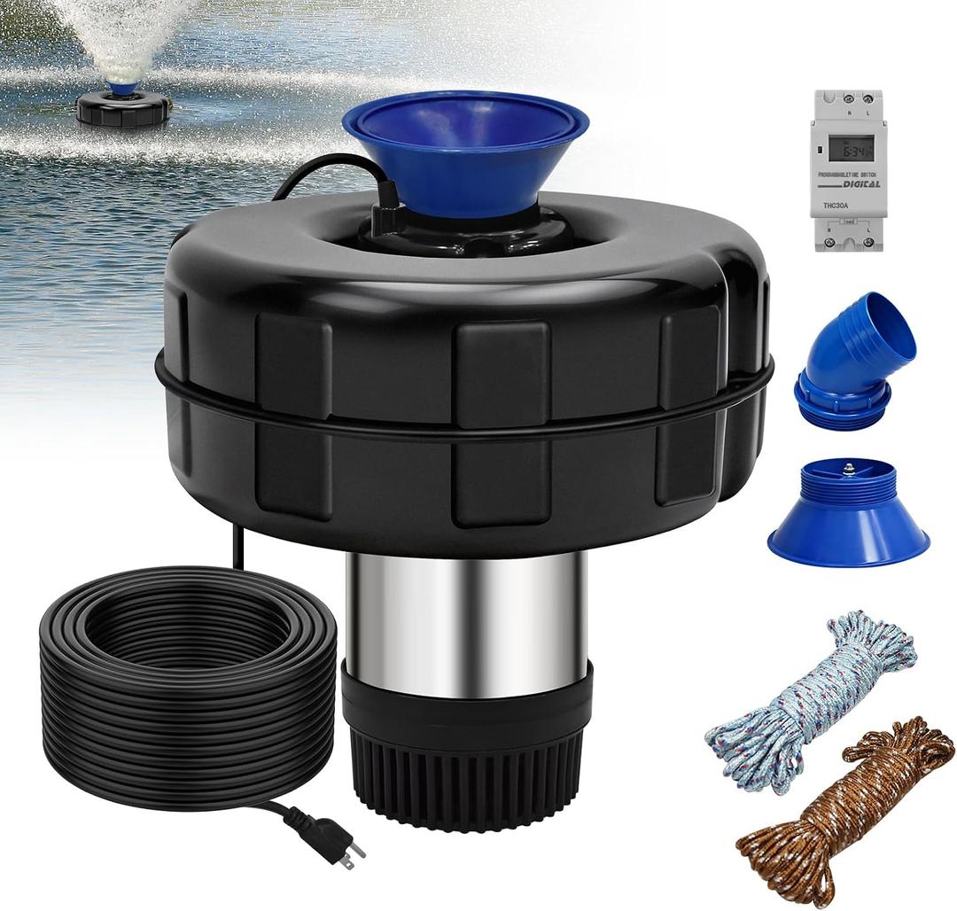 15000 GPH Pond Fountain Aerator,750W(1HP) Floating Fountain with Stainless Steel Body,Automatic Pond Pump with Timer&100FT Power Cord&2 Adapters&Ropes Pond Aerators for Outdoor Ponds&Lakes