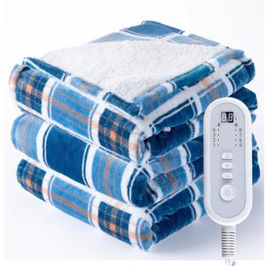 Electric Heated Blanket Twin - 62"x84" Heating Bed Blankets Throw with 10 Hours Auto Off 8 Fast Heating Levels Over-Heated Protection Soft Warm Flannel Sherpa Machine Washable ETL Certified Blue Plaid
