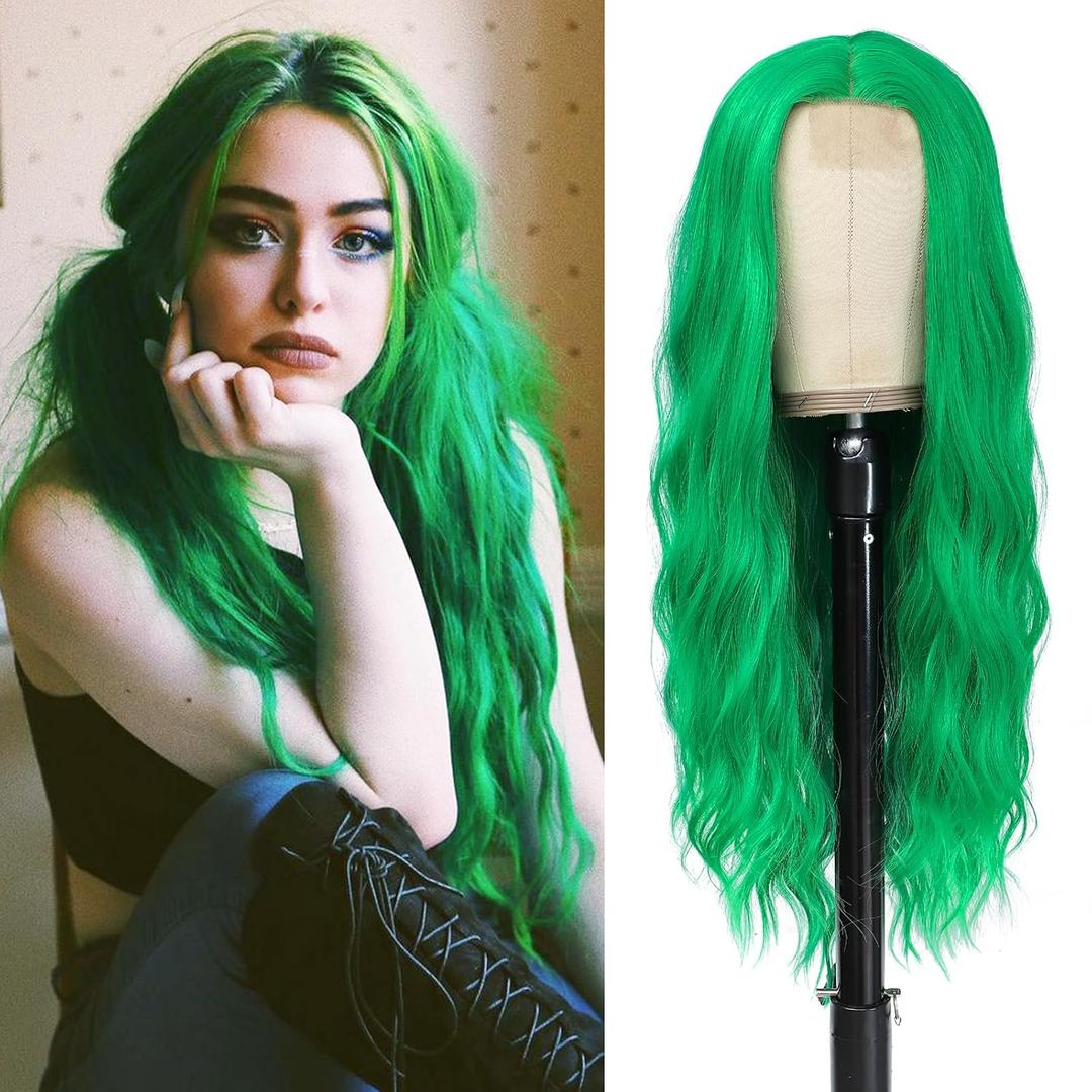 Green Wavy Wig - Long Natural Curly Synthetic Wig, 26 inch, Heat Resistant, Middle Part, For Daily Party Use