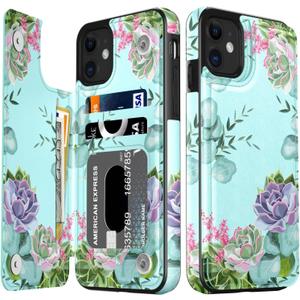 LETO for iPhone 12 Mini Pro Case,iPhone 12 Mini Case,Flip Folio Leather Wallet Cover with Fashion Flower Designs for Girls Women,Card Slots Kickstand Protective Phone Shell Green Floral Garden