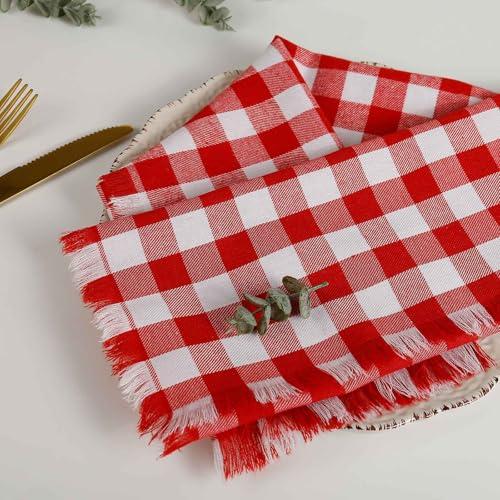 Red White Plaid Cloth Napkins with Fringe Set of 8, Buffalo Checkered Cotton Napkins Washable, Oversized Gingham Napkins, Christmas Dinner Napkins for Wedding, Parties, Thanksgiving, Dinner Decor