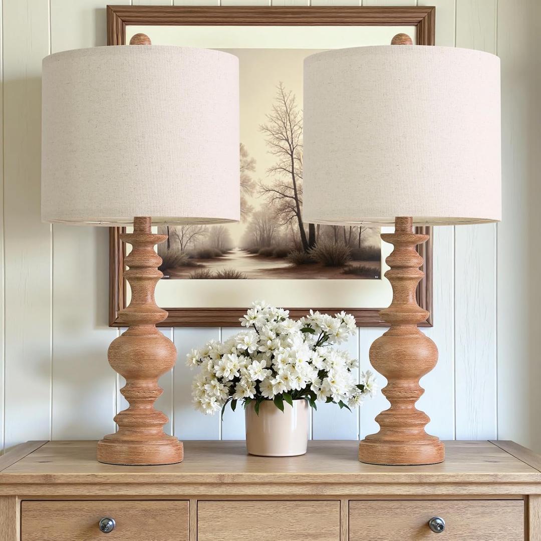 BOBOMOMO 24" Farmhouse Table Lamps Set of 2 Rustic Light Brown Resin Bedside Lamps with Linen Shades, Medium Size Nightstand Lamps for Bedroom, Living Room, and Entryway, Ideal for Warm, Cozy Spaces