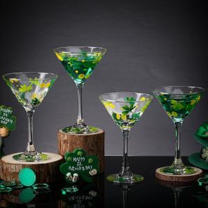 Qinyoung 4 Pcs St. Patrick's Day Shamrock Martini Glass Stemmed Hand Painted Clover Wine Glass Lucky Cocktail Glasses Bar Goblet Drinkware for Irish Theme Holiday Party Gifts