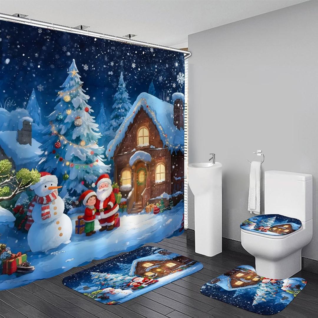 AZHM Christmas Shower Curtain Sets with Rugs Snowy Night Cottage and Christmas Tree Bathroom Sets 4PCS Santa Claus and Snowman Decor for Bathroom (Brown White)