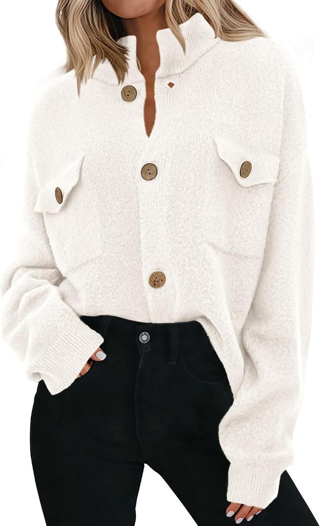 KIRUNDO Cardigans for Women Trendy Button Up Sweater Jackets Mock Neck Long Sleeve Loose Fit Chunky Knit Outwear Coats (White, XXL)