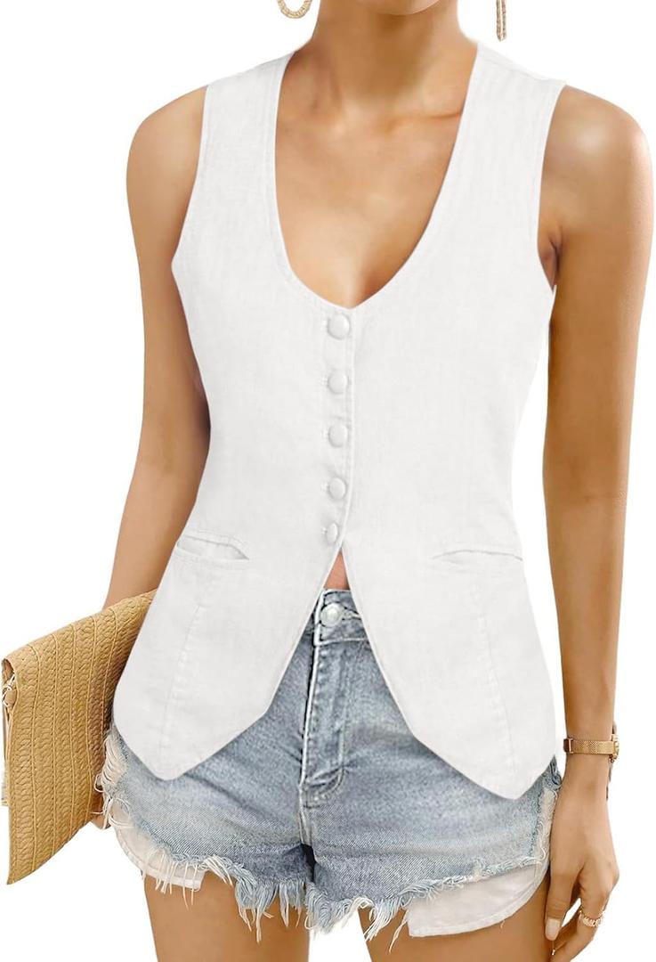 Women's Vest Top Trendy V Neck Summer Sleeveless Blazer Vest Waistcoat Linen Cotton Tank Tops 2025 (2XL, White)