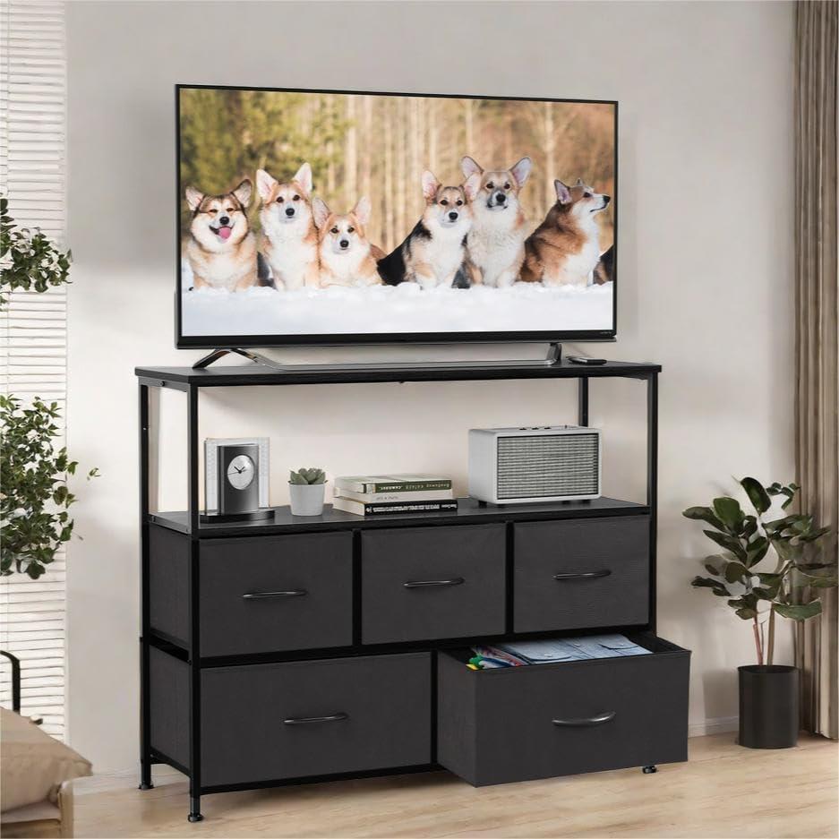 TV Stand for 45" Television, Modern Entertainment Center with Fabric Storage, Tower Storage Cabinet Dresser & Chest of 5 Drawers Organizer for Bedroom Living Room Black/TV5BC (Black/Tv5bc)