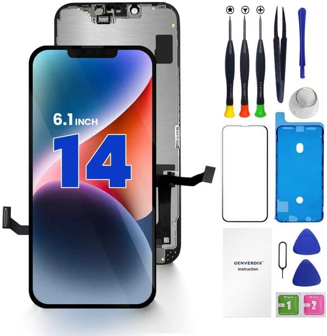 for iPhone 14 Screen Replacement, 6.1 inch 3D Touch LCD Display Full HD Repair kit Genverdix, Digitizer Assembly with Tools Set, Tempered Glass Screen Protector, Waterproof Frame Adhesive
