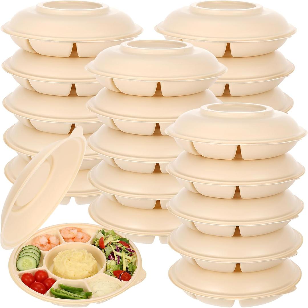 20 Pcs Disposable Divided Plates with 6 Deep Compartments 11 Inch Compostable Serving Tray with Lid Round Large Taco Chips Fruits Veggie Plates for Party Buffet