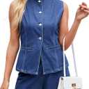Denim Vest Women Jean Vest Tops Button Down Sleeveless Denim Tank Tops Crew Neck Summer Trendy Waistcoat with Pockets (Large, 01-blue)