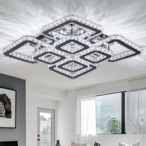 FRIXCHUR 20" Crystal Chandelier Square Led Crystal Flush Mount Ceiling Light 8 Lights Modern Crystal Ceiling Pendant Light Led Crystal Chandelier for Living Room Bedroom Cool White 6500K