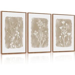 CHDITB Botanical Farmhouse Wall Art Set, Framed Boho Plant Wall Decor, Neutral Minimalist Floral Wall Painting, Rustic Wildflower Canvas Art Prints for Living Room, Bedroom, Bathroom - Large 16"x24"x3