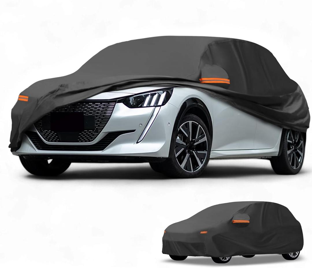 All-Weather Waterproof Car Cover - UV-Resistant Outdoor Full Exterior Protection for Peugeot 208 190T-PU Black with Right Side Zipper