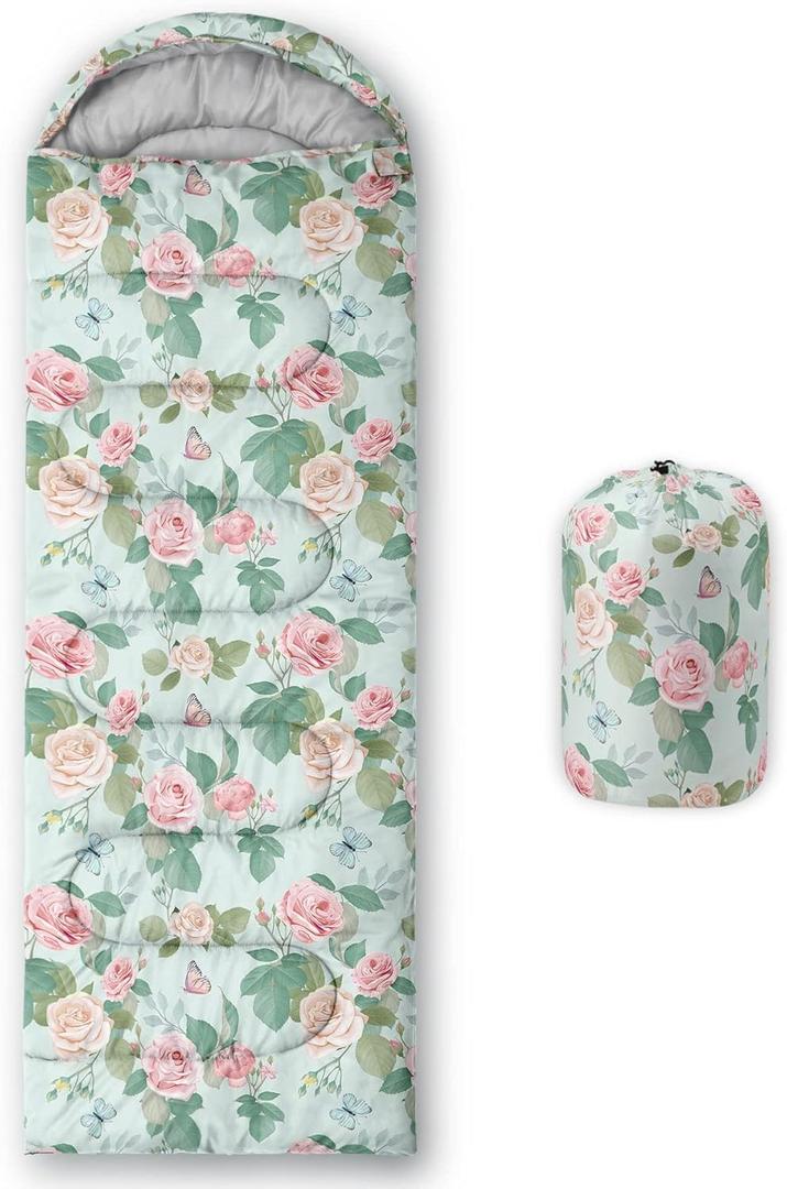 Kids Sleeping Bag for Boys, Watercolor Floral Light color Rose-Lightweight Warm Outdoor Indoor-Waterproof Cold Weather Resistant Sleeping Bag for Camping Hiking(Floral 32"*90")