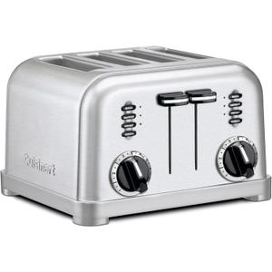 Cuisinart 4 Slice Compact Stainless Steel Toaster with Extra-Wide Slots for Bread, French Toast, Bagels & Pastries, Defrost & Reheat Functions, CPT-180P1, Brushed Stainless, Removable Crumb Tray