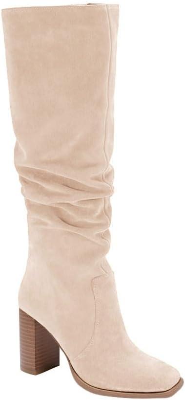 Juliet Holy Women's Knee High Boots Chunky High Heel Square Toe Side Zipper Wide Calf Boot (8.5, Nude)