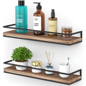 Meangood Floating Shelves Wall Mounted Set of 2, Rustic Wood Wall Storage Shelves for Bedroom,Living Room,Bathroom, Kitchen Torched Wood (Carbonized Black)