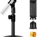 BILIONE Mic Stand Desk with Microphone and Cell Phone Clip, Upgraded Weighted Base, Adjustable Height, Condenser, Podcast, Mike Accessories, 5/8" Male to 3/8" Female Metal Adapter