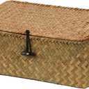 Wicker Basket with Lid, Natural Seagrass Storage Baskets for Organizing, Woven Basket for Storage, Decorative Boxes Bins with Lids Home Organizer Decor (Natural, Small) (10.23" x 6.3" x 4.13")