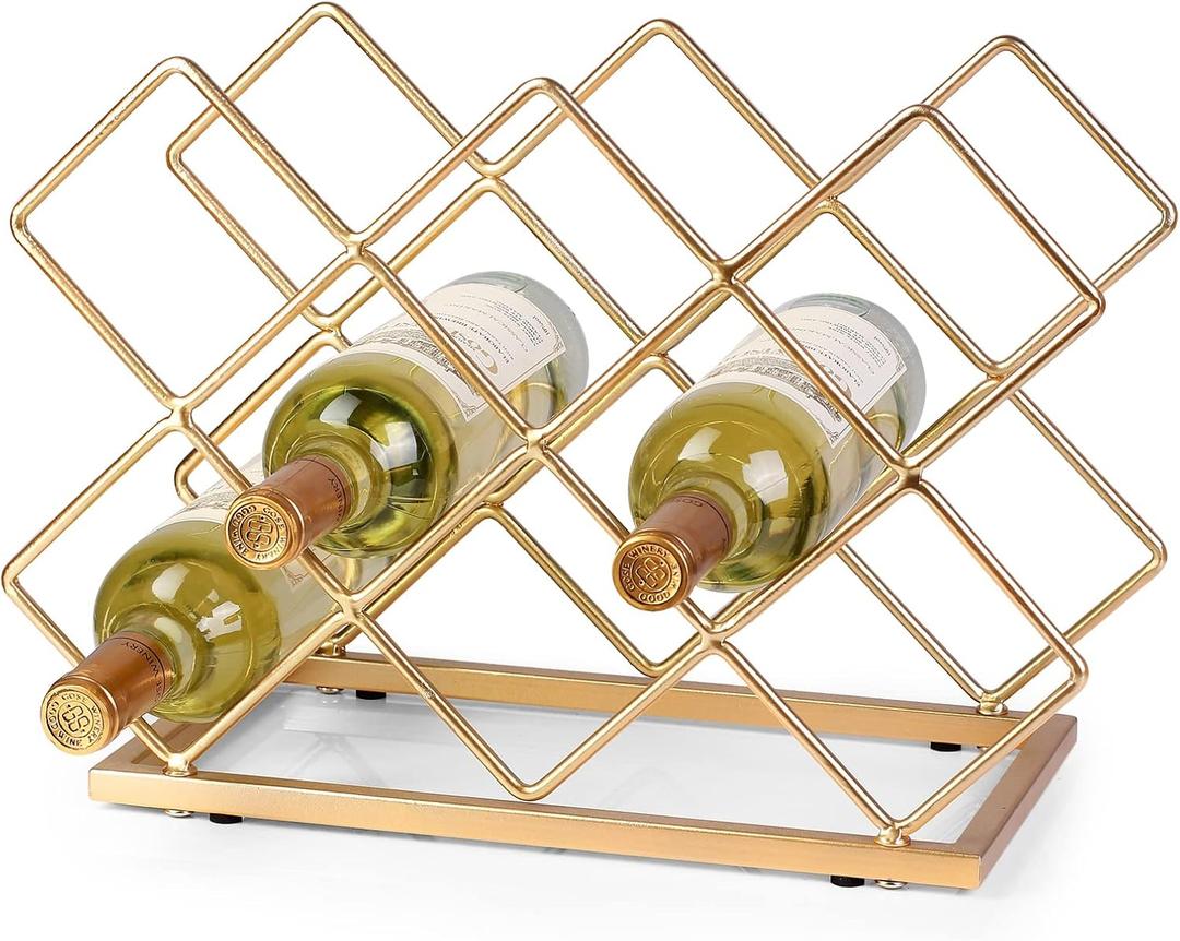 Countertop Wine Rack - 10 Bottle Freestanding Modern Gold Metal Small Wine Rack - Tabletop Wine Holder Stand for Cabinet, Pantry, Wine Bottle Storage