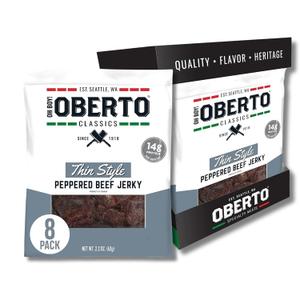 Oberto Classics Thin Style Beef Jerky, Peppered Flavor, No Artificial Ingredients, High Protein, Gluten Free, Wood Smoked, Premium Steak Beef Jerky High Protein Snacks, 2.2 Ounce (Pack of 8) (EXP 06/02/26)