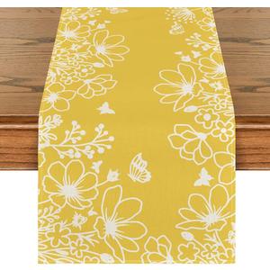 Artoid Mode Yellow Bloom Flowers Butterfly Spring Table Runner, Seasonal Holiday Kitchen Dining Table Decoration for Home Party Indoor 13x72 Inch