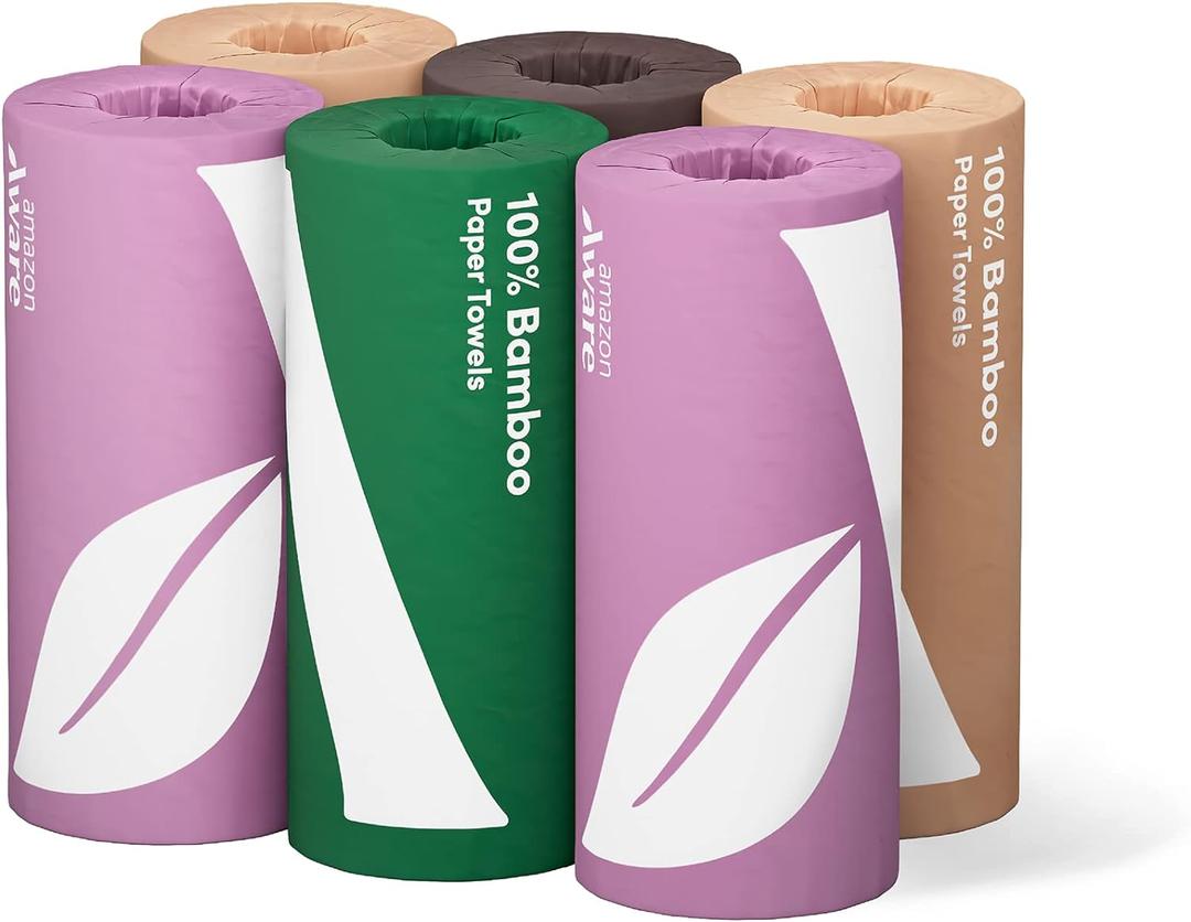Amazon Aware Bamboo Paper Towels, 6 Rolls, 2 ply, FSC Certified, 150 Sheets, 900 Count, Plastic-Free, Multicolor