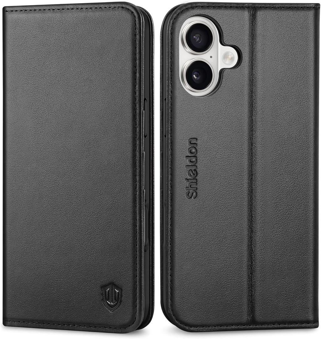 SHIELDON Wallet Case for iPhone 16 Plus 5G 6.7", Genuine Leather Flip Cover RFID Blocking Card Slots Kickstand Magnetic Closure Shock-Absorbent Case Compatible with iPhone 16 Plus 2024 - Black