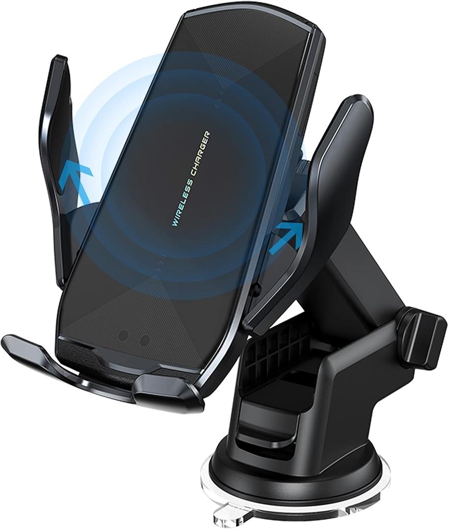 Wireless Car Charger Mount, 15W Qi Fast Charging Auto-Clamping Cell Phone Car Holder Air Vent Windshield Dashboard Long Arm Suction Cup Car Phone Mount for iPhone 13/12/11 Samsung S20/S10/S9/S8 LG (Black)