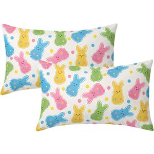 Easter Lumbar Pillow Covers 12X20 Inch Polka Dots Colorful Bunnies Rabbit Pillow Cases Farmhouse Spring Decorative Holiday Peep Throw Pillows Set of 2 Home Party Decor for Sofa Couch Bed