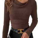 PRETTYGARDEN Women's Long Sleeve Cowl Neck Ribbed Knit Spring Shirts Slim Fit Ruched Going Out Crop Tops Basic T-Shirts (Medium, Brown)