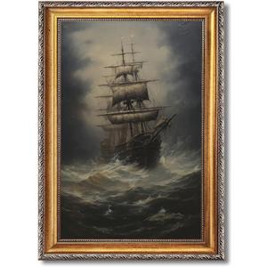 Framed Old Ship in Stormy Seas Canvas Print Vintage Dramatic Sailing Ship at Sea Poster Oil Painting Classic Elegant Wall Art for Living Room Bedroom Office Nautical Wall Decor 24x36inch