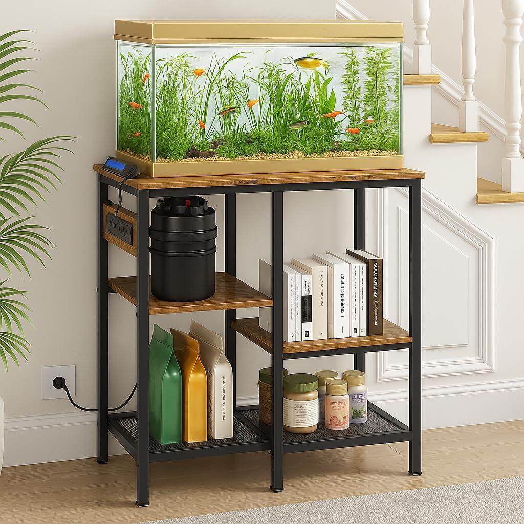 20-29-37 Gallon Fish Tank Stand with 3 Power Outlet 2 USB Port, Metal Aquarium Stand with 4-Tier Adjustable Storage Shelves, 30''L* 13''W*30''H Reptile Tank Stand, Fish Tank Table, 500lbs Capacity