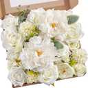 Serwalin Artificial Flowers Bridal Bouquets Realistic Fake Silk Foam Flowers Wedding White Peonies Roses DIY Centerpieces Corsage Boutonniere Home Decoration Party Arrangement Baby Shower (1 Box)