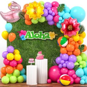 152 Pcs Tropical Luau Balloon Garland Arch Kit, Hawaiian Party Decorations Tropical Balloon Arch Flamingo Flower Balloons Beach Balls Leaves Kid Adult Summer Pool Luau Party Birthday Decor
