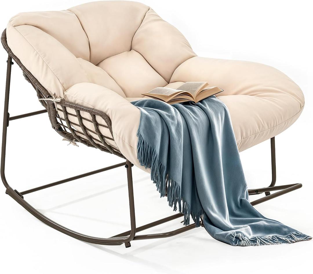 YITAHOME Rocking Papasan Chair, Outdoor Oversized Saucer Chair with Foldable Frame & Comfy Cushion, Wicker Basket Moon Chair for Patio, Porch, Bedroom (Brown+Beige), 1PCS