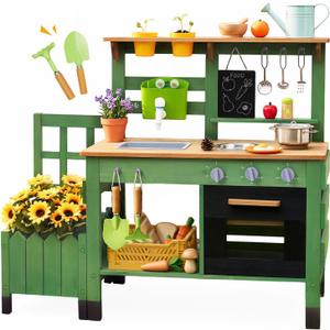 Mud Kitchen for Kids Outdoor, Vintage Mud Kitchen with Planter Box - Includes Rich Gardening Tools & Cooking Accessories, Wooden Kids Play Kitchen with Faucet, Stove, Sink, Oven, Flowerpots