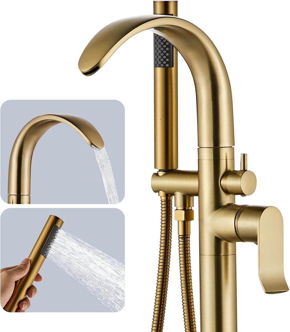 Freestanding Tub Filler Bathtub Faucet Stand Alone Gold Waterfall High Flow Brass Brushed Gold, Stand up Unique Floor Mounted Modern Tub Faucet with Hand Shower