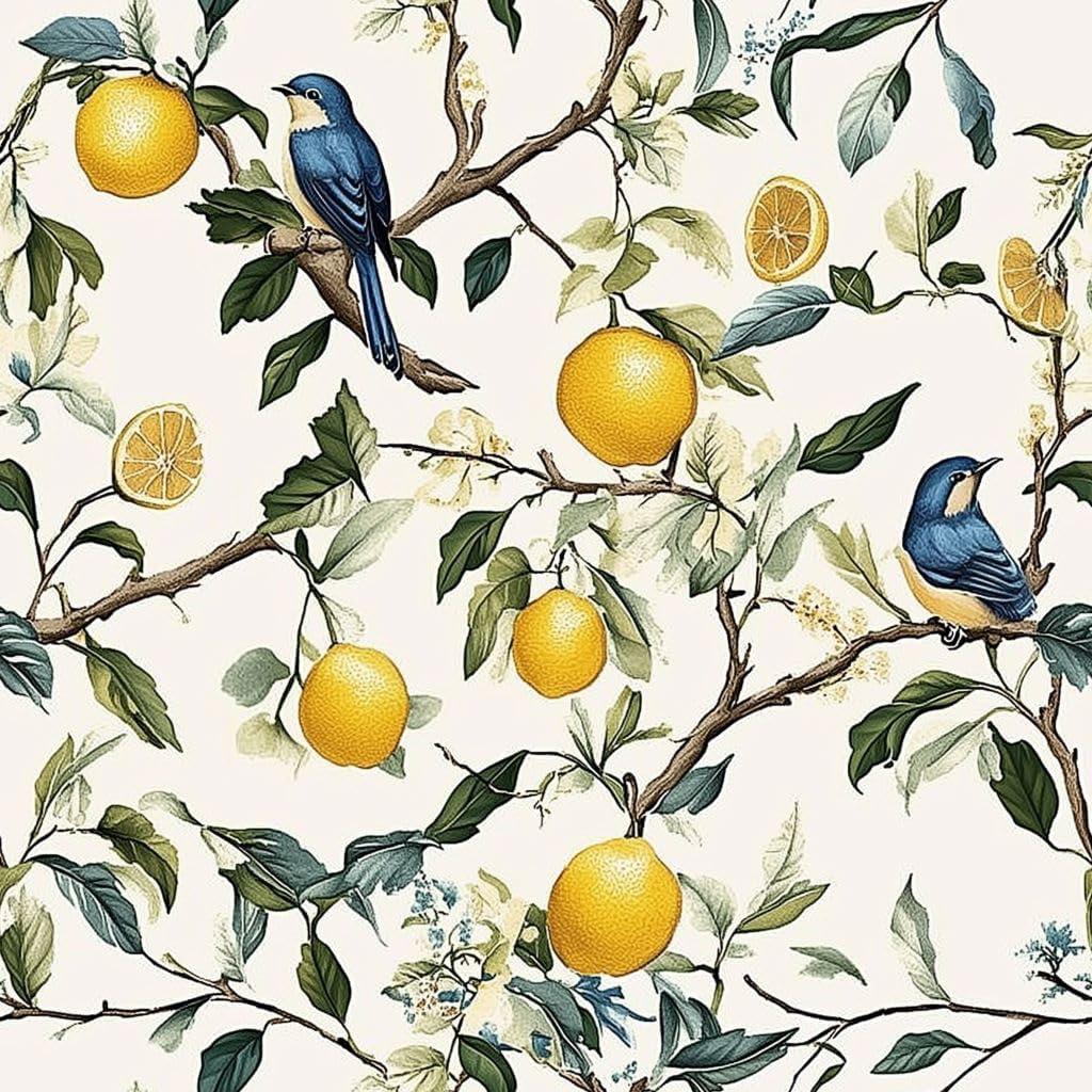 Vintage Bird Floral Wallpaper Self Adhesive Peel and Stick Watercolor Whimsical Lemon Tree Botanical Leaf Paper Removable Waterproof for Bedroom Renter Friendly 17.71"x236.2" (White/Yellow/Blue)