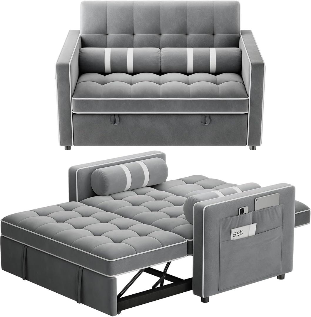 Marsail 3-in-1 Convertible Futon Sleeper Sofa Bed, Pull Out Couch with Adjustable Backrest, USB Charging & Side Pockets, Velvet Fabric Sofa for Living Room, Apartment, Loveseat, Grey