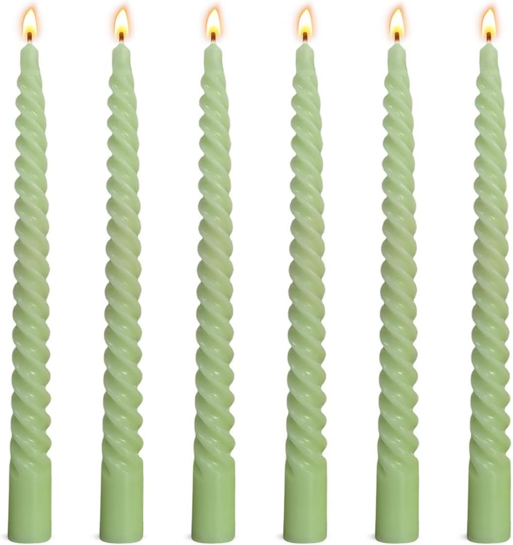 6 Pack 10 Inch SageGreen Spiral Taper Candles for Christmas and Spring Home Decoration, Unscented Dripless Twisted Candlesticks for Dinner St. Patrick's Day Earth Day and Garden Parties