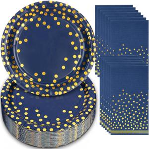 100PCS Blue Paper Plates and Napkins, Blue and Gold Party Decorations for Birthday Wedding Christmas Holiday Party Decorations, Serve 50